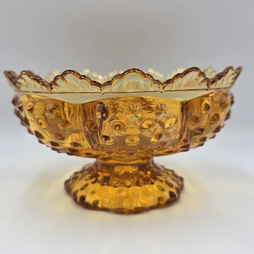 VTG Fenton Amber Hobnail Footed Glass Candle Holder Bowl Pat 3547569 MCM